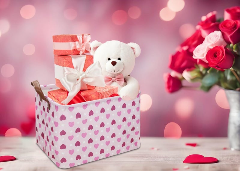 NTAOHAMPER Rectangular Pink Heart Gift Basket Empty,Fabric Storage Basket with Handles,Kids Toys/Books Box,Lovely Storage Bin,Room Decor(Pink Love) - Image 2